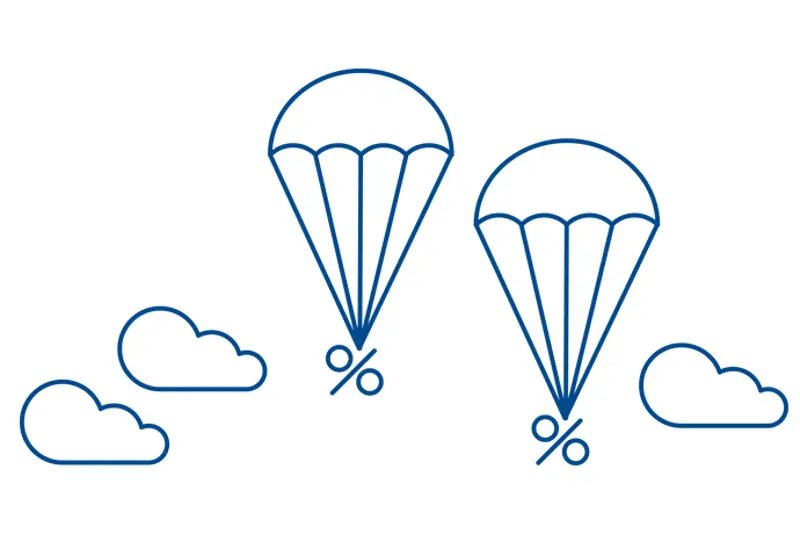Illustration med tecknade moln och fallskärmar med procenttecken.